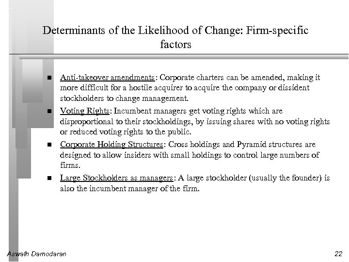 Determinants of the Likelihood of Change: Firm-specific factors Anti-takeover amendments: Corporate charters can be