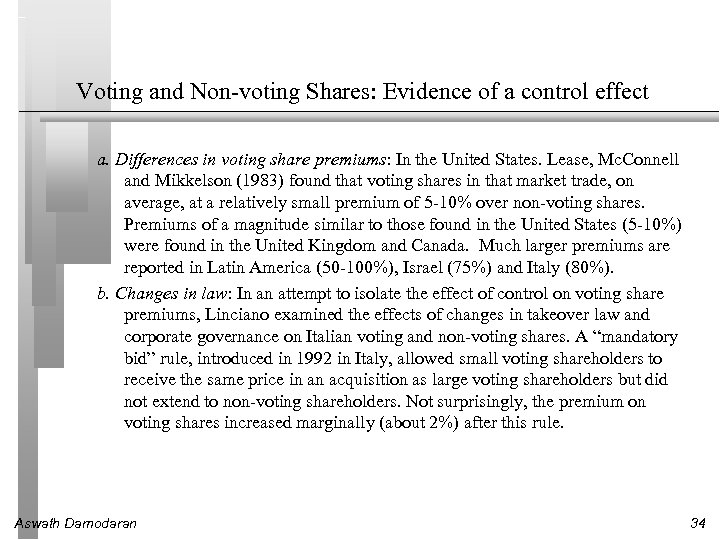 Voting and Non-voting Shares: Evidence of a control effect a. Differences in voting share