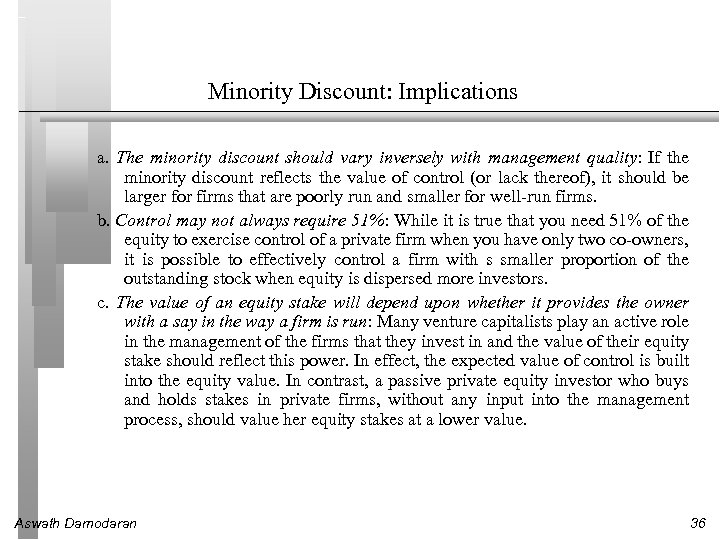 Minority Discount: Implications a. The minority discount should vary inversely with management quality: If