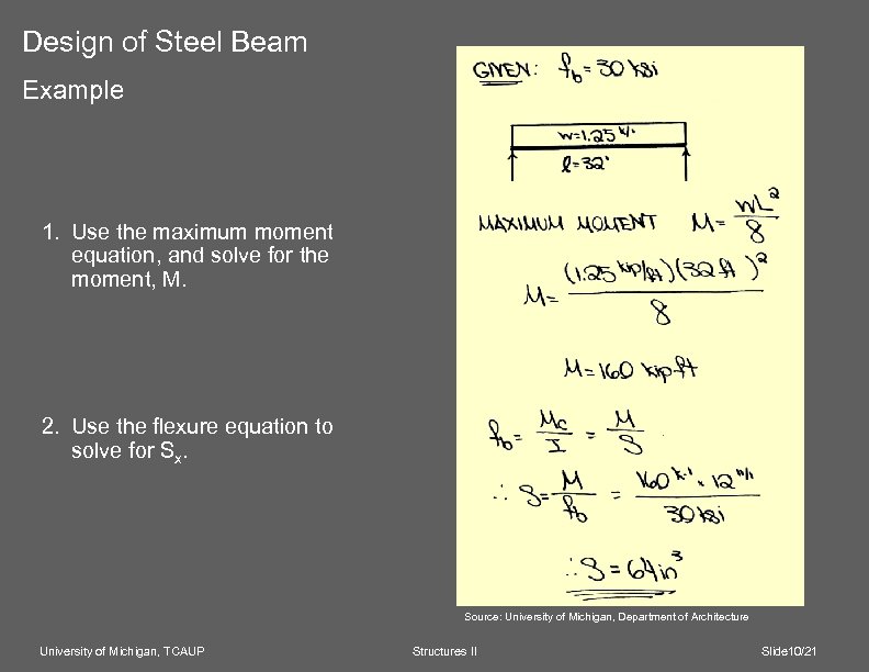Design of Steel Beam Example 1. Use the maximum moment equation, and solve for