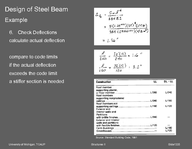 Design of Steel Beam Example 6. Check Deflections calculate actual deflection compare to code