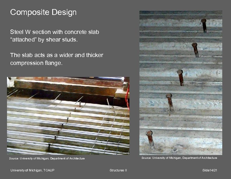 Composite Design Steel W section with concrete slab “attached” by shear studs. The slab