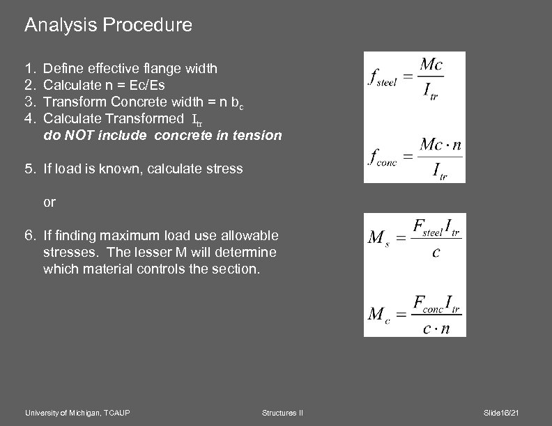 Analysis Procedure 1. 2. 3. 4. Define effective flange width Calculate n = Ec/Es
