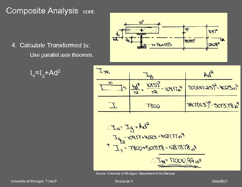 Composite Analysis cont. 4. Calculate Transformed Ix: Use parallel axis theorem. Ia=Ig+Ad 2 Source: