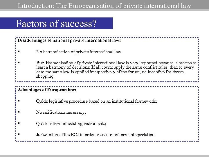 Introduction: The Europeanisation of private international law Factors of success? Disadvantages of national private