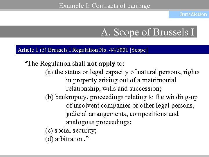 Example I: Contracts of carriage Jurisdiction A. Scope of Brussels I Article 1 (2)