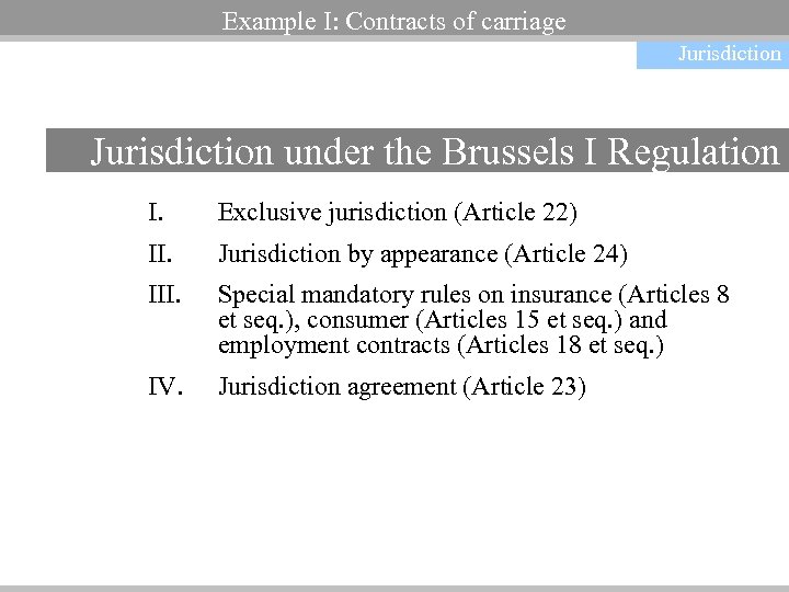 Example I: Contracts of carriage Jurisdiction under the Brussels I Regulation I. Exclusive jurisdiction
