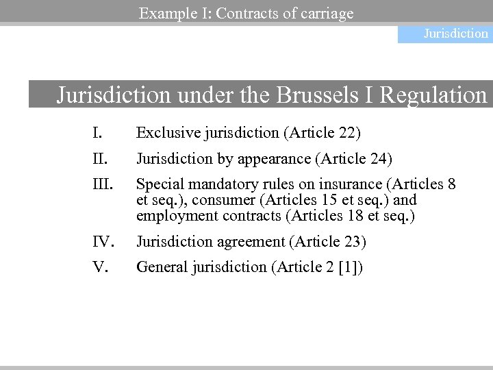 Example I: Contracts of carriage Jurisdiction under the Brussels I Regulation I. Exclusive jurisdiction