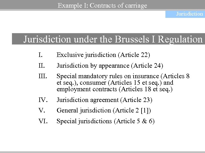 Example I: Contracts of carriage Jurisdiction under the Brussels I Regulation I. Exclusive jurisdiction