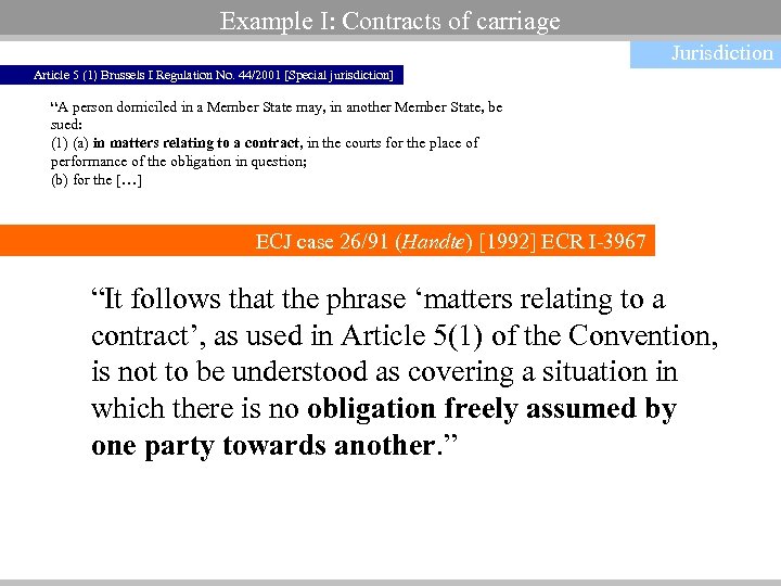 Example I: Contracts of carriage Jurisdiction Article 5 (1) Brussels I Regulation No. 44/2001