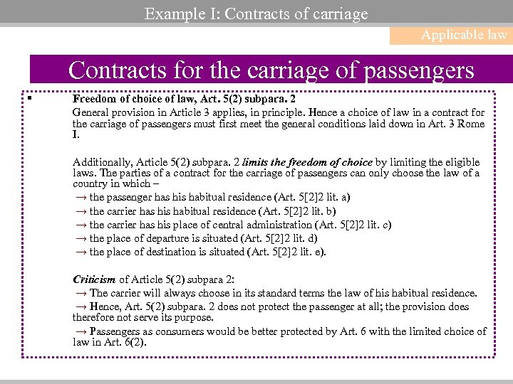 Example I: Contracts of carriage Applicable law Contracts for the carriage of passengers §