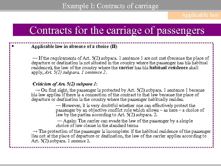Example I: Contracts of carriage Applicable law Contracts for the carriage of passengers §