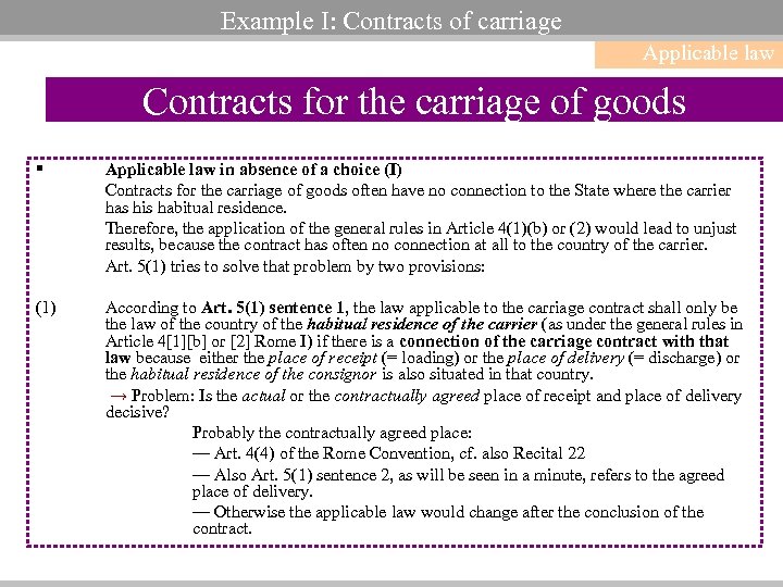 Example I: Contracts of carriage Applicable law Contracts for the carriage of goods §