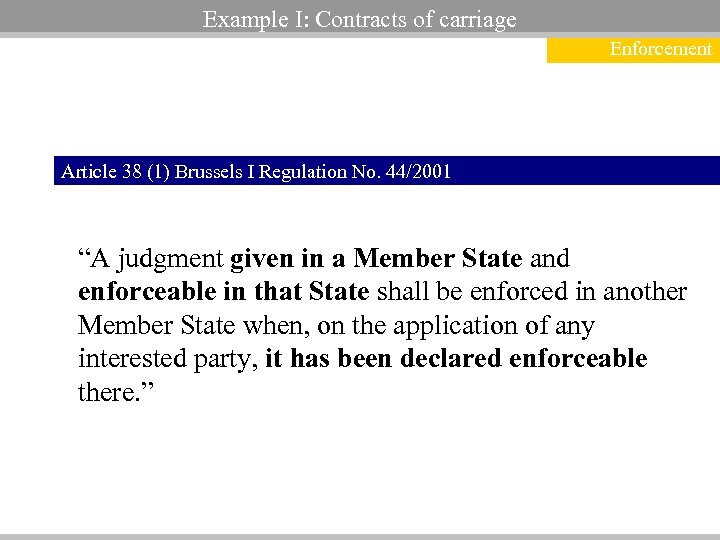 Example I: Contracts of carriage Enforcement Article 38 (1) Brussels I Regulation No. 44/2001