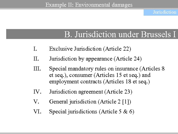 Non-contractual obligations Example II: Environmental damages Jurisdiction B. Jurisdiction under Brussels I I. Exclusive