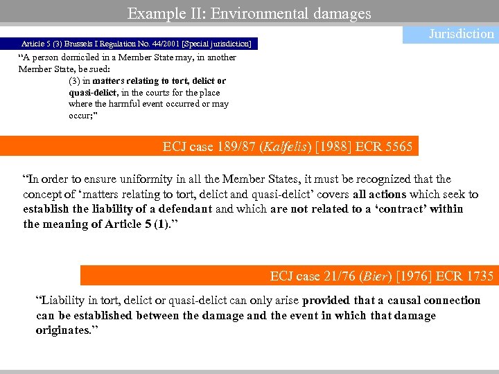 Example II: Environmental damages Jurisdiction Article 5 (3) Brussels I Regulation No. 44/2001 [Special