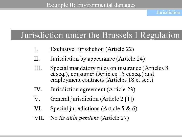 Example II: Environmental damages Jurisdiction under the Brussels I Regulation I. Exclusive Jurisdiction (Article
