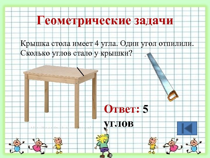 Геометрические задачи Крышка стола имеет 4 угла. Один угол отпилили. Сколько углов стало у