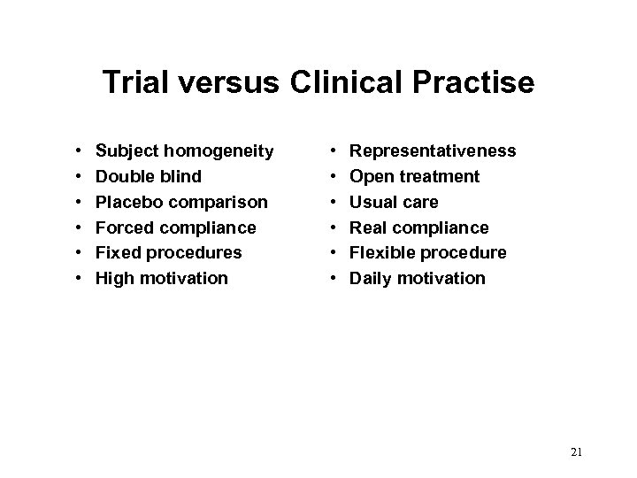 Trial versus Clinical Practise • • • Subject homogeneity Double blind Placebo comparison Forced