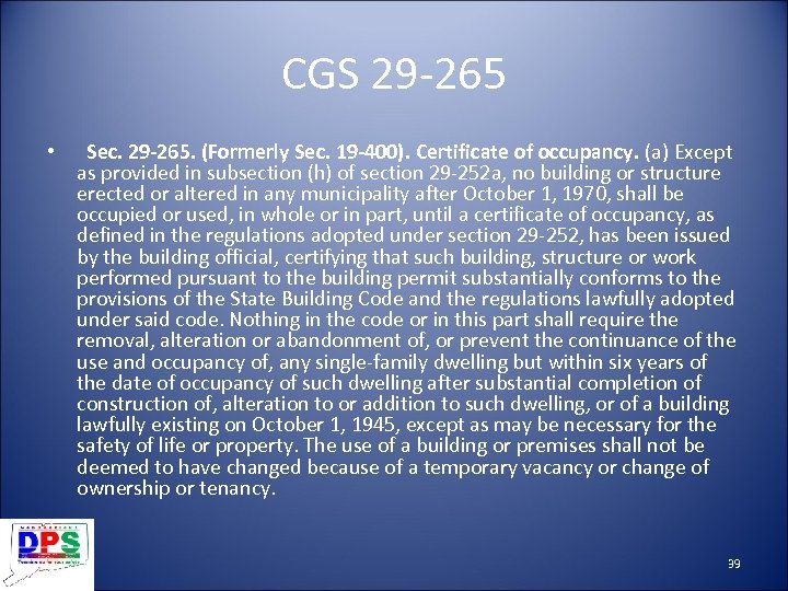 CGS 29 -265 • Sec. 29 -265. (Formerly Sec. 19 -400). Certificate of occupancy.