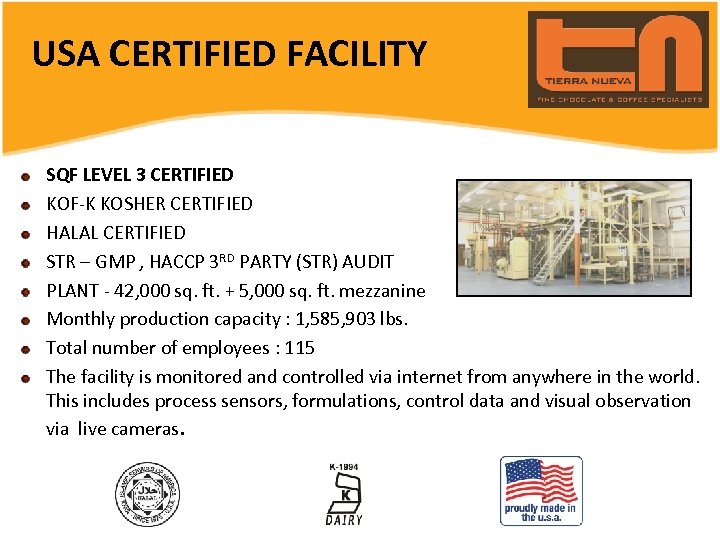 USA CERTIFIED FACILITY SQF LEVEL 3 CERTIFIED KOF-K KOSHER CERTIFIED HALAL CERTIFIED STR –