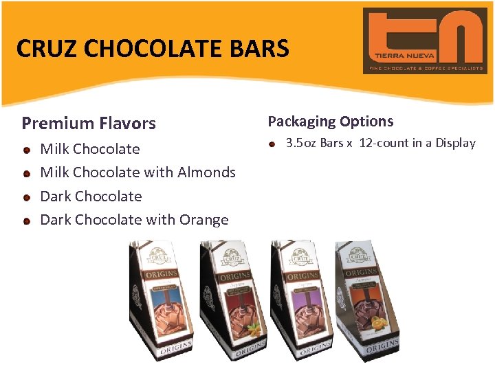 CRUZ CHOCOLATE BARS Premium Flavors Milk Chocolate with Almonds Dark Chocolate with Orange Packaging