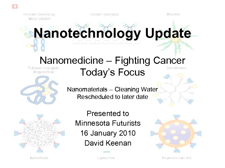 Nanotechnology Update Nanomedicine – Fighting Cancer Today’s Focus Nanomaterials – Cleaning Water Rescheduled to