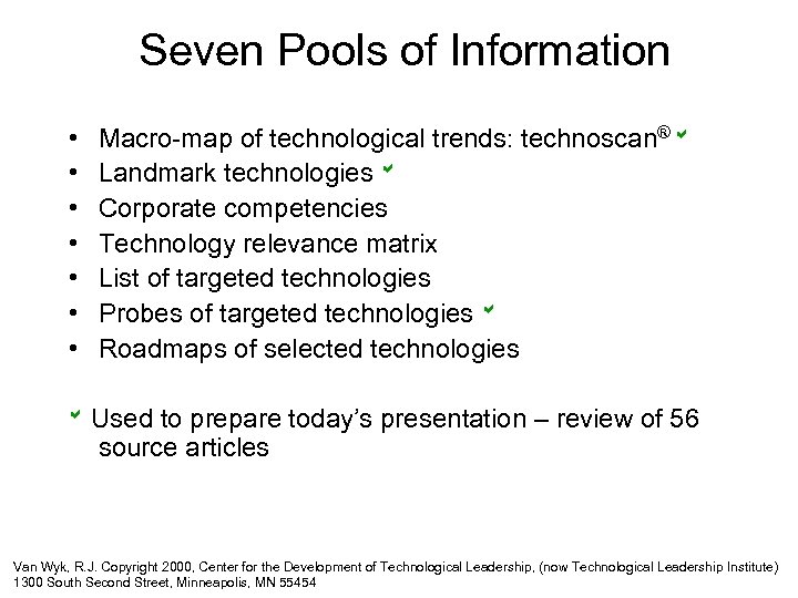 Seven Pools of Information • • Macro-map of technological trends: technoscan® Landmark technologies Corporate