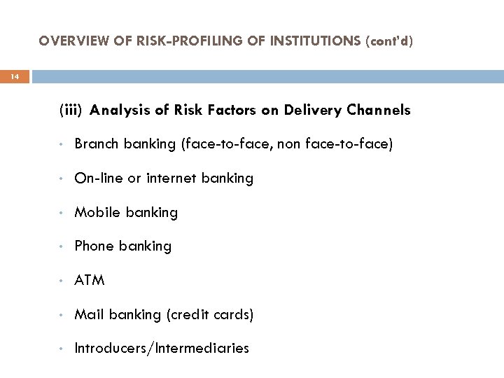 OVERVIEW OF RISK-PROFILING OF INSTITUTIONS (cont’d) 14 (iii) Analysis of Risk Factors on Delivery