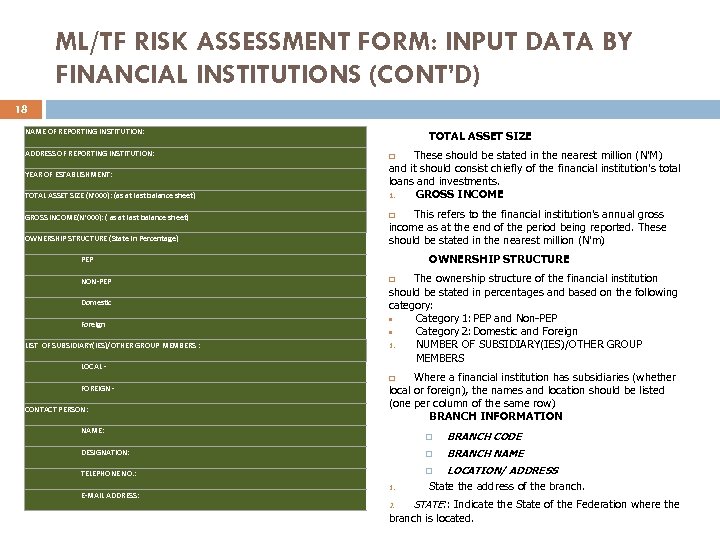 ML/TF RISK ASSESSMENT FORM: INPUT DATA BY FINANCIAL INSTITUTIONS (CONT’D) 18 NAME OF REPORTING