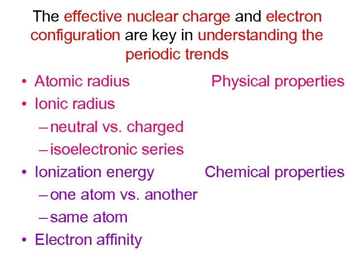 The effective nuclear charge and electron configuration are key in understanding the periodic trends