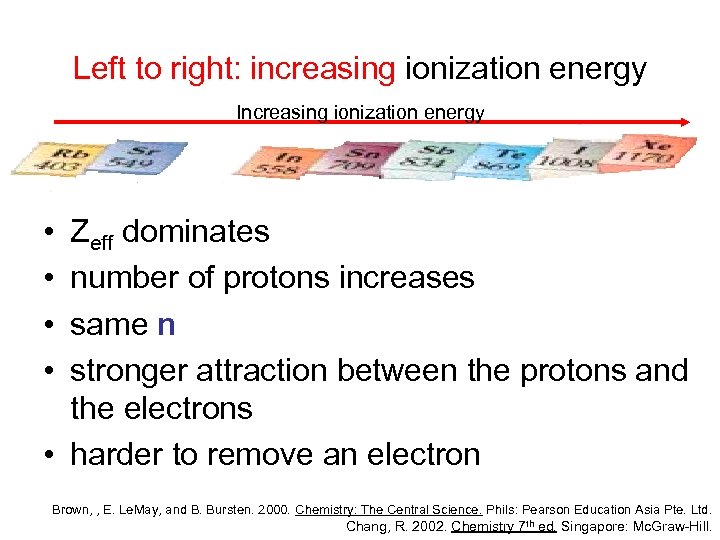 Left to right: increasing ionization energy Increasing ionization energy • • Zeff dominates number