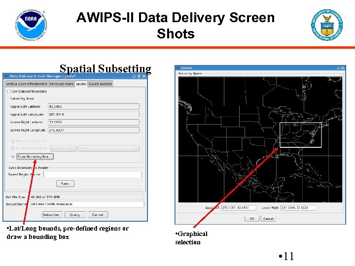 AWIPS-II Data Delivery Screen Shots Spatial Subsetting • Lat/Long bounds, pre-defined regions or draw