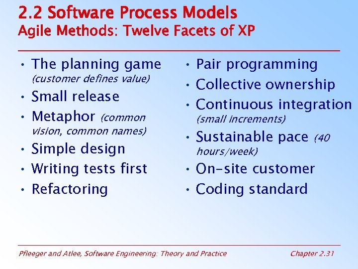 2. 2 Software Process Models Agile Methods: Twelve Facets of XP • The planning