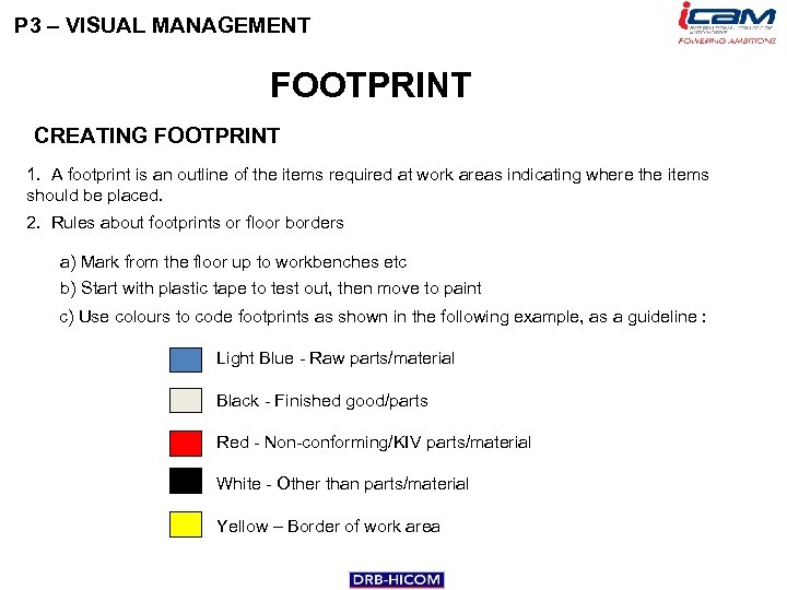 P 3 – VISUAL MANAGEMENT FOOTPRINT CREATING FOOTPRINT 1. A footprint is an outline