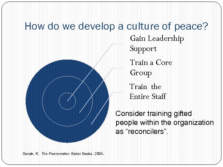 How do we develop a culture of peace? Gain Leadership Support Train a Core