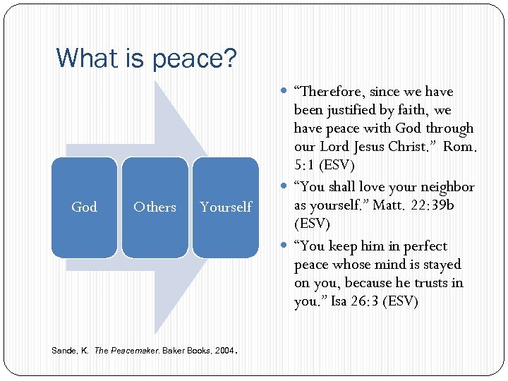 What is peace? “Therefore, since we have God Others Yourself Sande, K. The Peacemaker.
