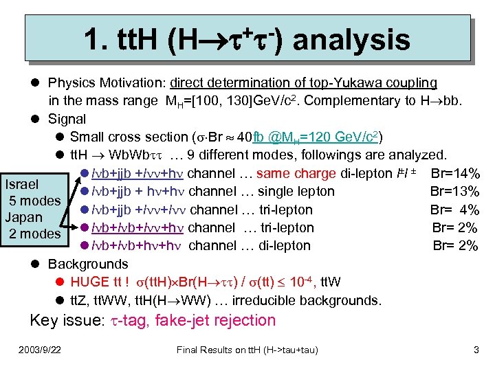 1. tt. H (H + -) analysis l Physics Motivation: direct determination of top-Yukawa