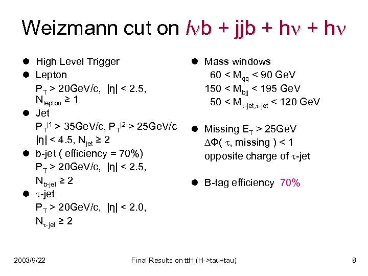 Weizmann cut on l b + jjb + h l High Level Trigger l