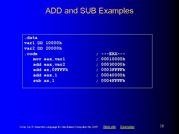 ADD and SUB Examples. data var 1 DD 10000 h var 2 DD 20000