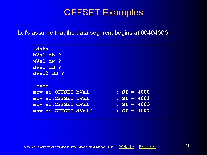 OFFSET Examples Let's assume that the data segment begins at 00404000 h: . data