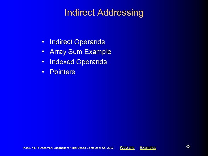 Indirect Addressing • • Indirect Operands Array Sum Example Indexed Operands Pointers Irvine, Kip