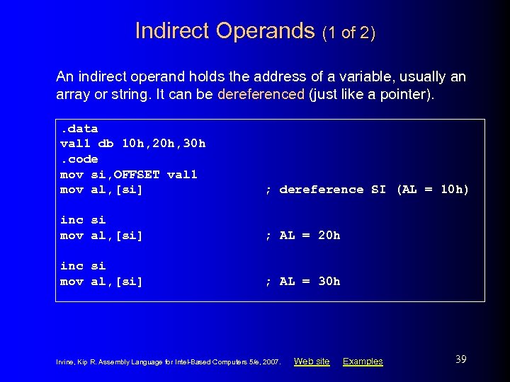 Indirect Operands (1 of 2) An indirect operand holds the address of a variable,