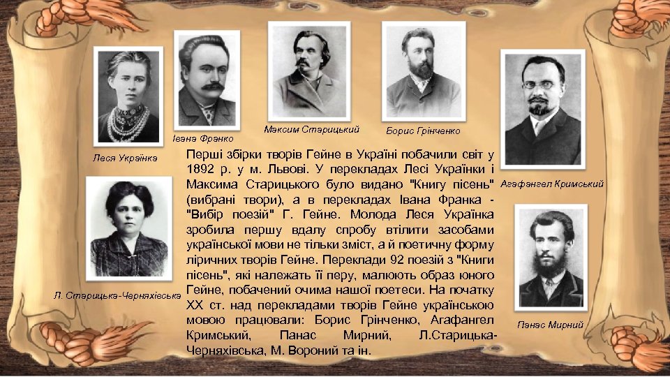 Івана Франко Леся Українка Л. Старицька-Черняхівська Максим Старицький Борис Грінченко Перші збірки творів Гейне