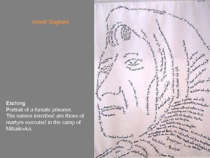Arnold Daghani Etching Portrait of a female prisoner. The names inscribed are those of