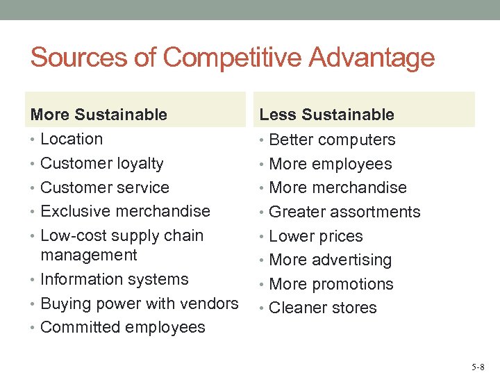 Sources of Competitive Advantage More Sustainable • Location • Customer loyalty • Customer service