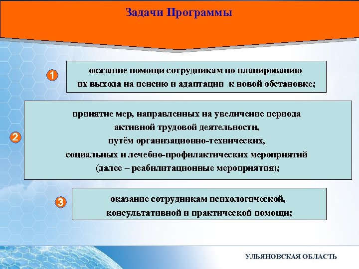 Задачи Программы оказание помощи сотрудникам по планированию их выхода на пенсию и адаптации к