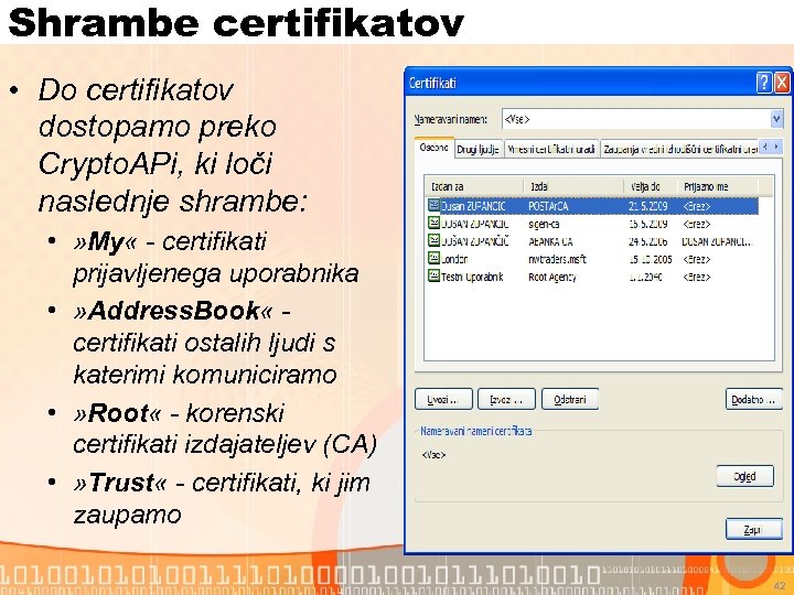 Shrambe certifikatov • Do certifikatov dostopamo preko Crypto. APi, ki loči naslednje shrambe: •