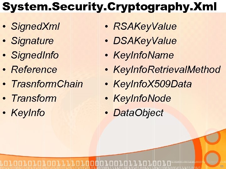 System. Security. Cryptography. Xml • • Signed. Xml Signature Signed. Info Reference Trasnform. Chain