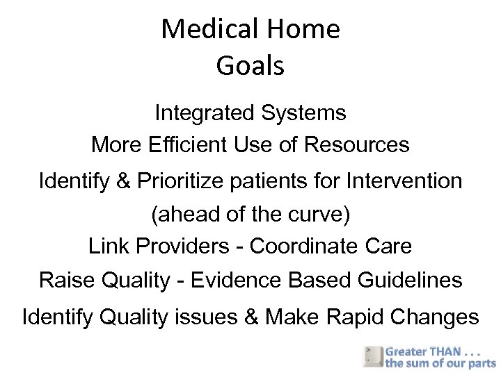 Medical Home Goals Integrated Systems More Efficient Use of Resources Identify & Prioritize patients
